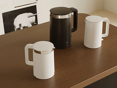 Three Modern Black And White Kettles Placed On Wooden Table With Stylish Design 3d model