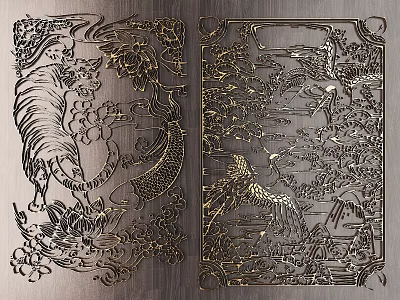 Traditional Chinese Carved Artworks With Tiger Fish Crane And Mountain Flower Patterns 3d model