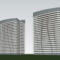 Two Modern High Rise Apartment Buildings With Wave Shaped Facade And Green Grass Field