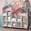 House Shaped Pink And White Bookshelf With Books Teddy Bear Photo Frame And Telescope