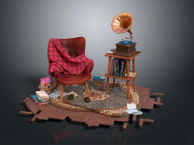 Red Accent Chair With Plaid Blanket Gramophone On Side Table And Books On Wooden Base 3d model