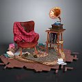 Red Accent Chair With Plaid Blanket Gramophone On Side Table And Books On Wooden Base