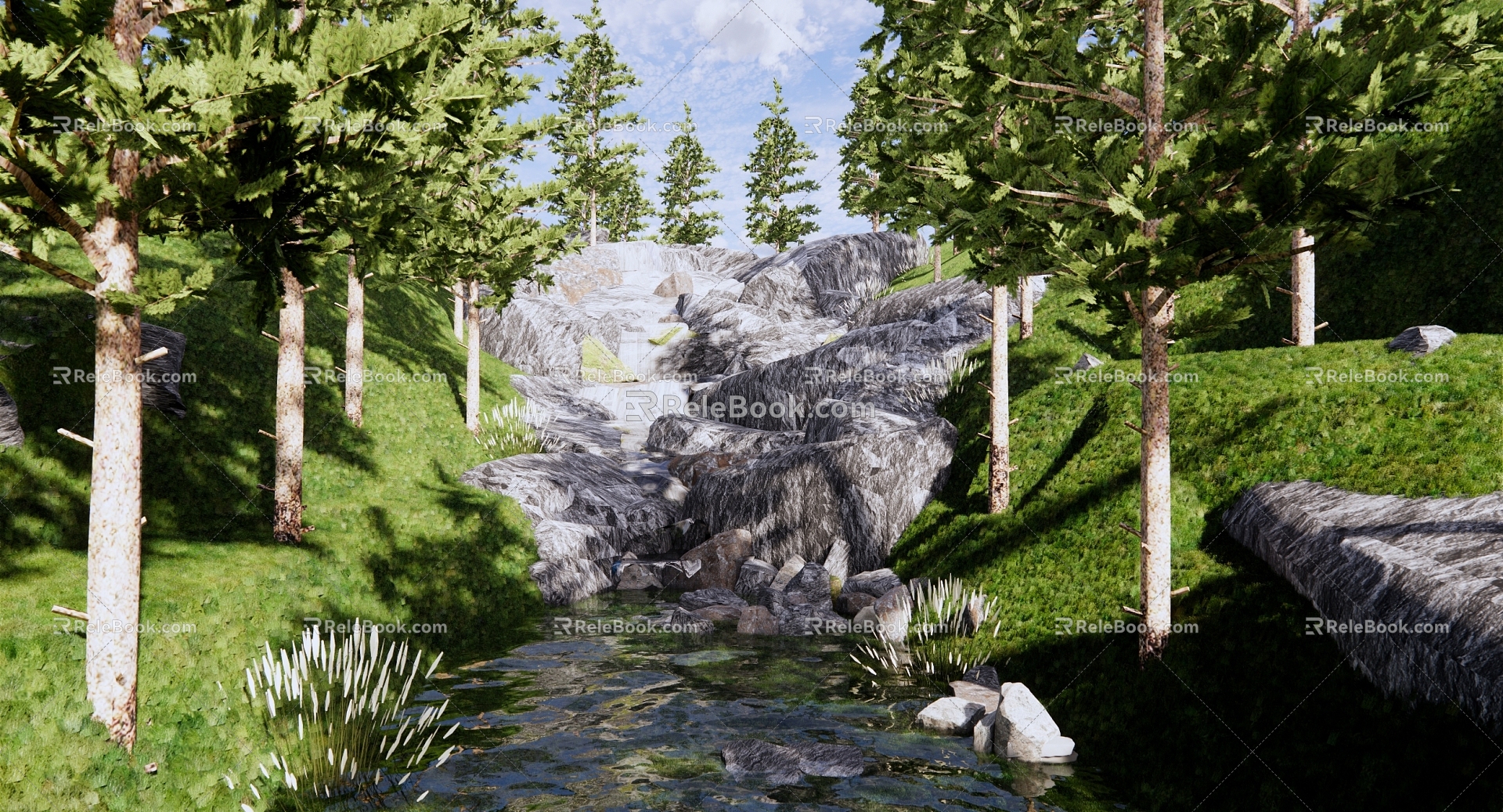 Modern Park Landscape Park Mountain Forest Park Landscape Valley Stream Falling Water Overlapping Wetland Tidal Flat Rain Garden High Difference Stone River 3d model