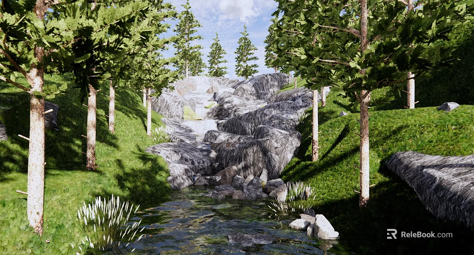 Scenic Park Landscape With Flowing Stream Rocks Lush Grass And Green Trees 3d model 