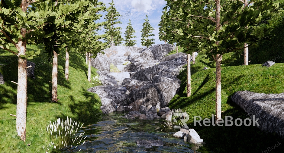 Modern Park Landscape Park Mountain Forest Park Landscape Valley Stream Falling Water Overlapping Wetland Tidal Flat Rain Garden High Difference Stone River model