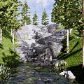 Scenic Park Landscape With Flowing Stream Rocks Lush Grass And Green Trees