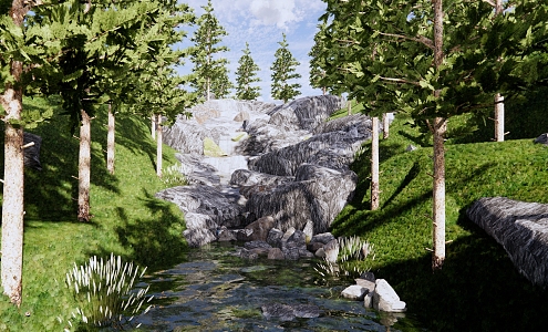 Modern Park Landscape Park Mountain Forest Park Landscape Valley Stream Falling Water Overlapping Wetland Tidal Flat Rain Garden High Difference Stone River 3d model