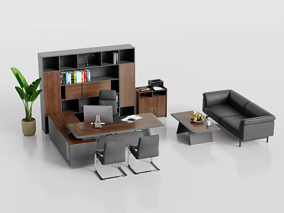 Modern Office Desk Setup With Ergonomic Chairs Bookshelf Sofa And Green Plant 3d model