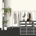 Minimalist Clothing Store Interior With Hanging Clothes Racks Green Plant And Display Table Setup