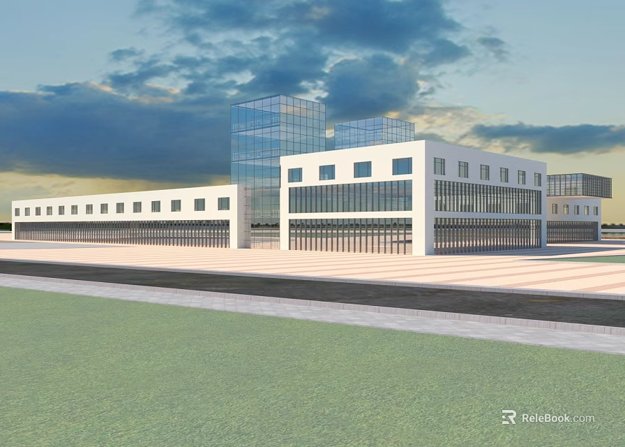 Modern Office Building With Glass Curtain Wall White Exterior Open Plaza And Green Lawn 3d model 