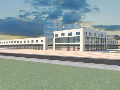 Modern Office Building With Glass Curtain Wall White Exterior Open Plaza And Green Lawn 3d model