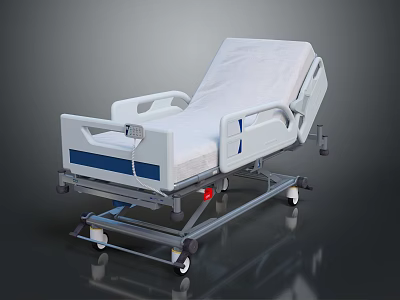 Medical Hospital Bed with Adjustable Headrest Side Rails White Mattress Blue Stripe and Mobile Wheels 3d model