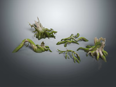 Natural Wooden Stone Decorative Root Sculptures With Green Plant Details 3d model