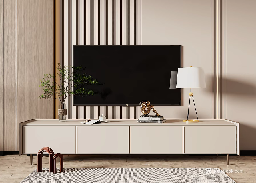 Modern White TV Stand With Black Television Lamp Decorative Items And Striped Wall 3d model 