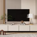 Modern White TV Stand With Black Television Lamp Decorative Items And Striped Wall