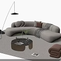 Modern Curved Sofa Coffee Table Set With Beige Upholstery Round Coffee Table And Decorative Pillows