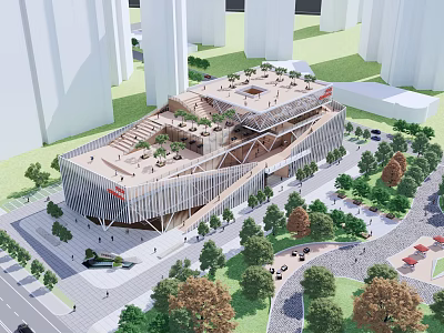 Modern Urban Building With Unique Geometric Design Surrounded By Trees And Pedestrians 3d model
