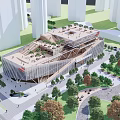 Modern Urban Building With Unique Geometric Design Surrounded By Trees And Pedestrians