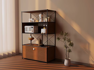 Modern Metal Frame Wooden Shelf With Microwave Decorations And Potted Plant In Sunlit Room 3d model