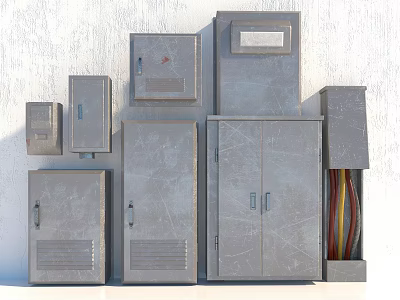 Industrial Equipment Metal Distribution Boxes Control Cabinets With Various Sizes Shapes Textured Surfaces Colored Cables 3d model