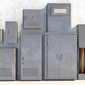 Industrial Equipment Metal Distribution Boxes Control Cabinets With Various Sizes Shapes Textured Surfaces Colored Cables