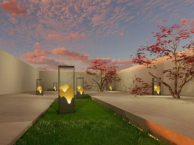 Modern Outdoor Lights in Courtyard with Evening Sky Red Trees and Lawn 3d model