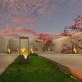 Modern Outdoor Lights in Courtyard with Evening Sky Red Trees and Lawn