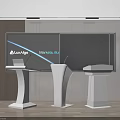 Three Modern White Podiums In Conference Room With Large Screen