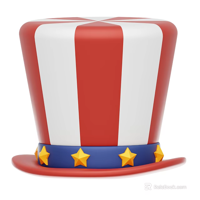 Patriotic High Top Hat With Red White Stripes Blue Band And Yellow Stars 3d model 