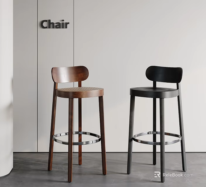 Modern Bar Stools With Curved Back Brown And Black Wooden Frames And Metal Foot Rings 3d model 