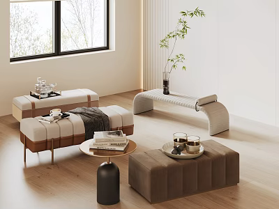 Modern Upholstered Sofa Stools With Coffee Tables And Potted Plant In Bright Room 3d model