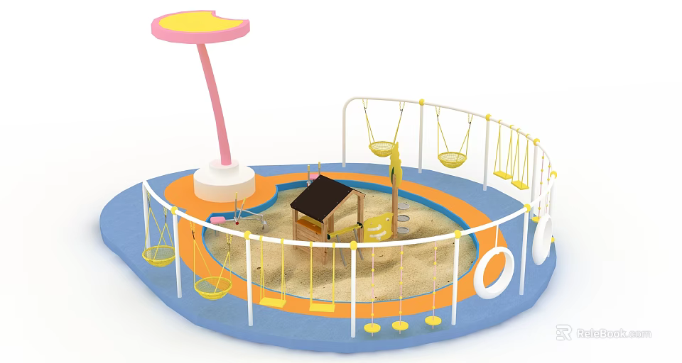 Colorful Children's Playground Landscape With Swings Sandpit Small House Pink Shade Structure And Fence 3d model 