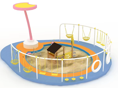 Colorful Children's Playground Landscape With Swings Sandpit Small House Pink Shade Structure And Fence 3d model