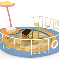 Colorful Children's Playground Landscape With Swings Sandpit Small House Pink Shade Structure And Fence