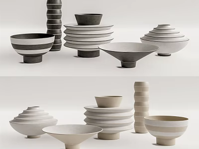 Modern Ceramic Vessels Featuring Neutral Tones Stacked Designs And Various Shapes 3d model