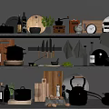 Stylish Kitchenware Display With Copper Pots Knives Cutting Boards Plates And Green Herbs On Shelves