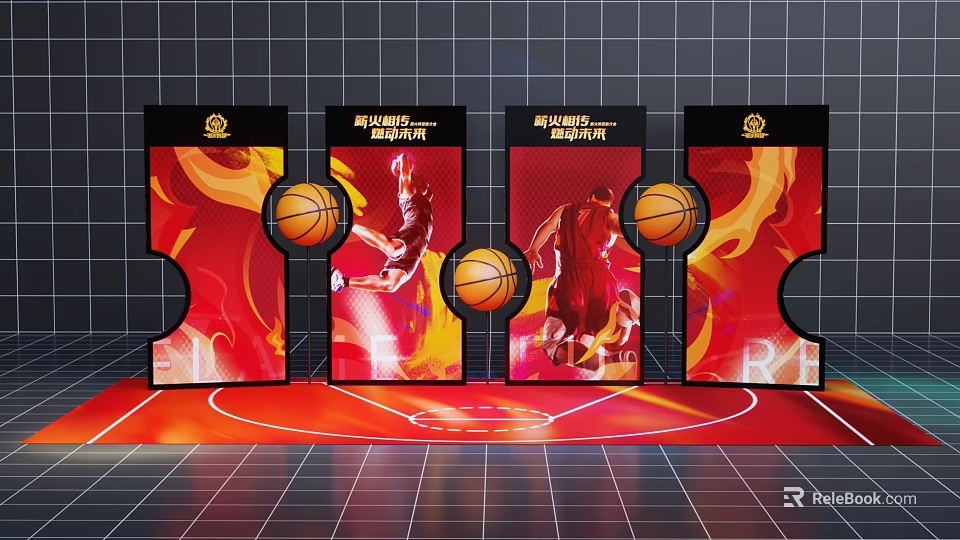 Basketball Display Boards With Flame Design And Player Images On Court Floor 3d model 