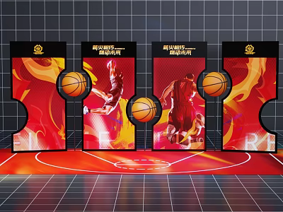 Basketball Display Boards With Flame Design And Player Images On Court Floor 3d model
