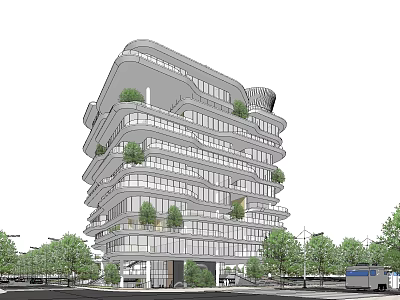 Modern Multi Storey Office Building With Balconies And Green Plants Surrounded By Trees 3d model