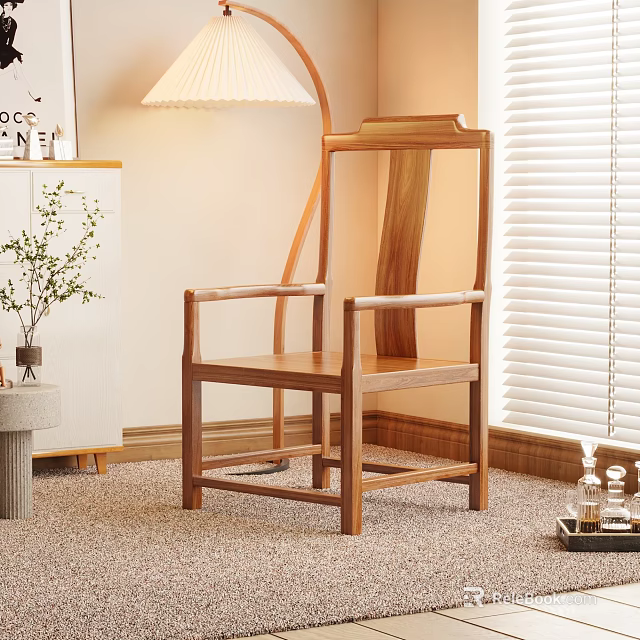 Wooden Leisure Chair With Modern Design Near Window And Table Lamp On Soft Carpet 3d model 