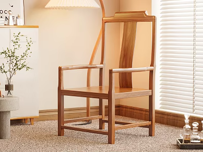 Wooden Leisure Chair With Modern Design Near Window And Table Lamp On Soft Carpet 3d model