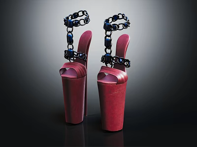 Elegant Red High Heels With Black Chain Straps Women's Stylish Design 3d model