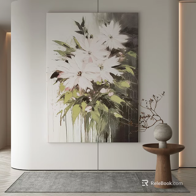 Abstract Floral Painting With White Flowers And Green Leaves In Interior 3d model 