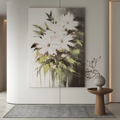 Abstract Floral Painting With White Flowers And Green Leaves In Interior 3d model