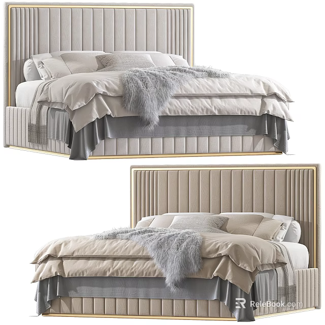 Elegant Double Bed With Striped Upholstered Headboard Plush Pillows And Faux Fur Throw 3d model 