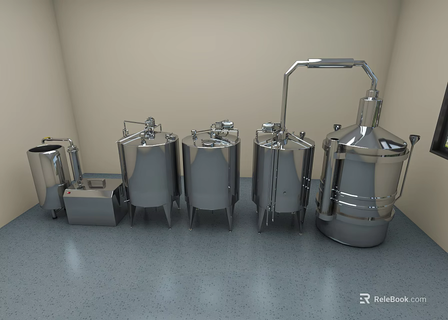 Commercial Stainless Steel Distillation Equipment With Tanks And Piping System 3d model 