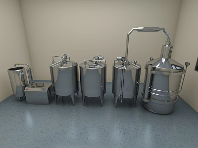 Commercial Stainless Steel Distillation Equipment With Tanks And Piping System 3d model