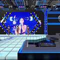 Futuristic Bar with Blue Lighting Dance Floor Bar Counter Mirrored Flooring and Arched Decorations