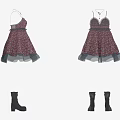 Women's Spaghetti Strap Floral Pattern Dress With Ruffled Hem Gray Trim And Black Ankle Boots