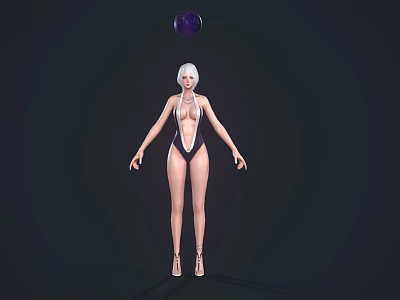 A Woman With White Short Hair In Black Swimsuit High Heels And Purple Sphere Above 3d model